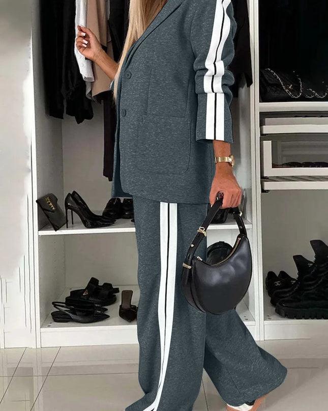 Full Size Contrast Lapel Collar Top and Pants Set