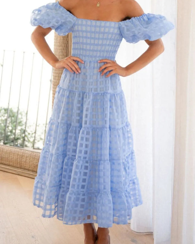 Off Shoulder Short Puff Sleeve Midi Dress