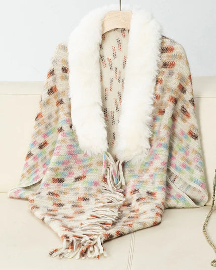 Fringe Fuzzy Open Front Poncho Khaki One Size