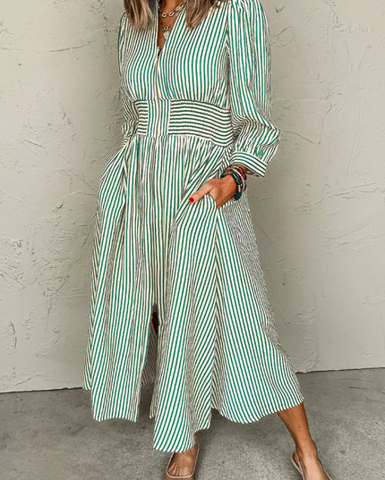 Stripe V Neck Zip Front Cinched High Waist Midi Dress Sage