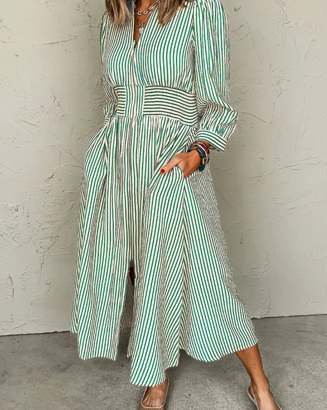 Stripe V Neck Zip Front Cinched High Waist Midi Dress Sage