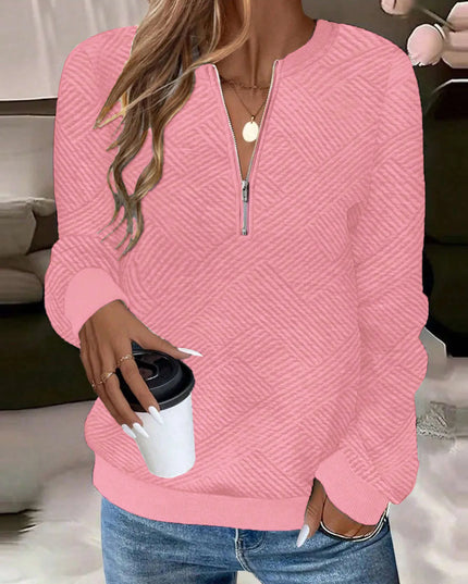 Quarter Zip Textured Long Sleeve Sweatshirt Pink