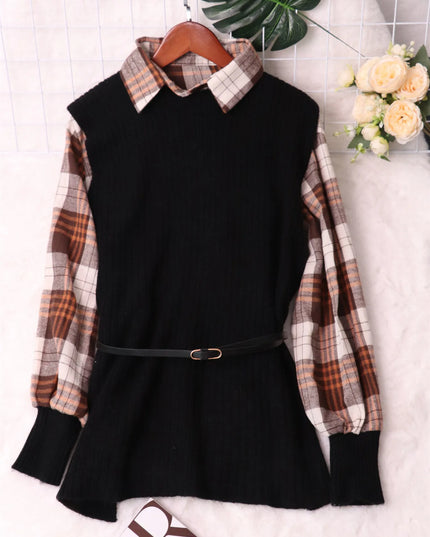 Plaid Long Sleeve Sweater Dress Black One Size