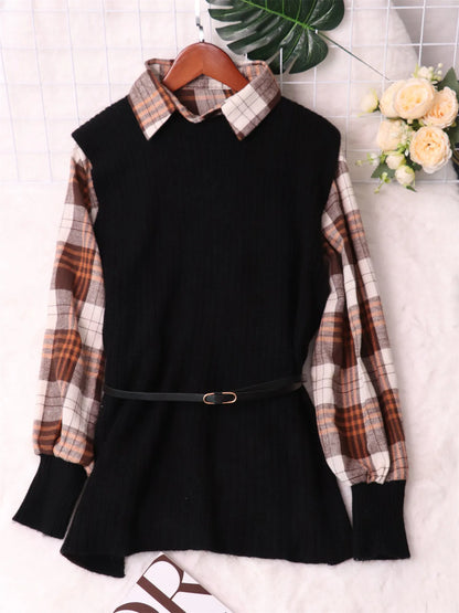 Plaid Long Sleeve Sweater Dress Black One Size