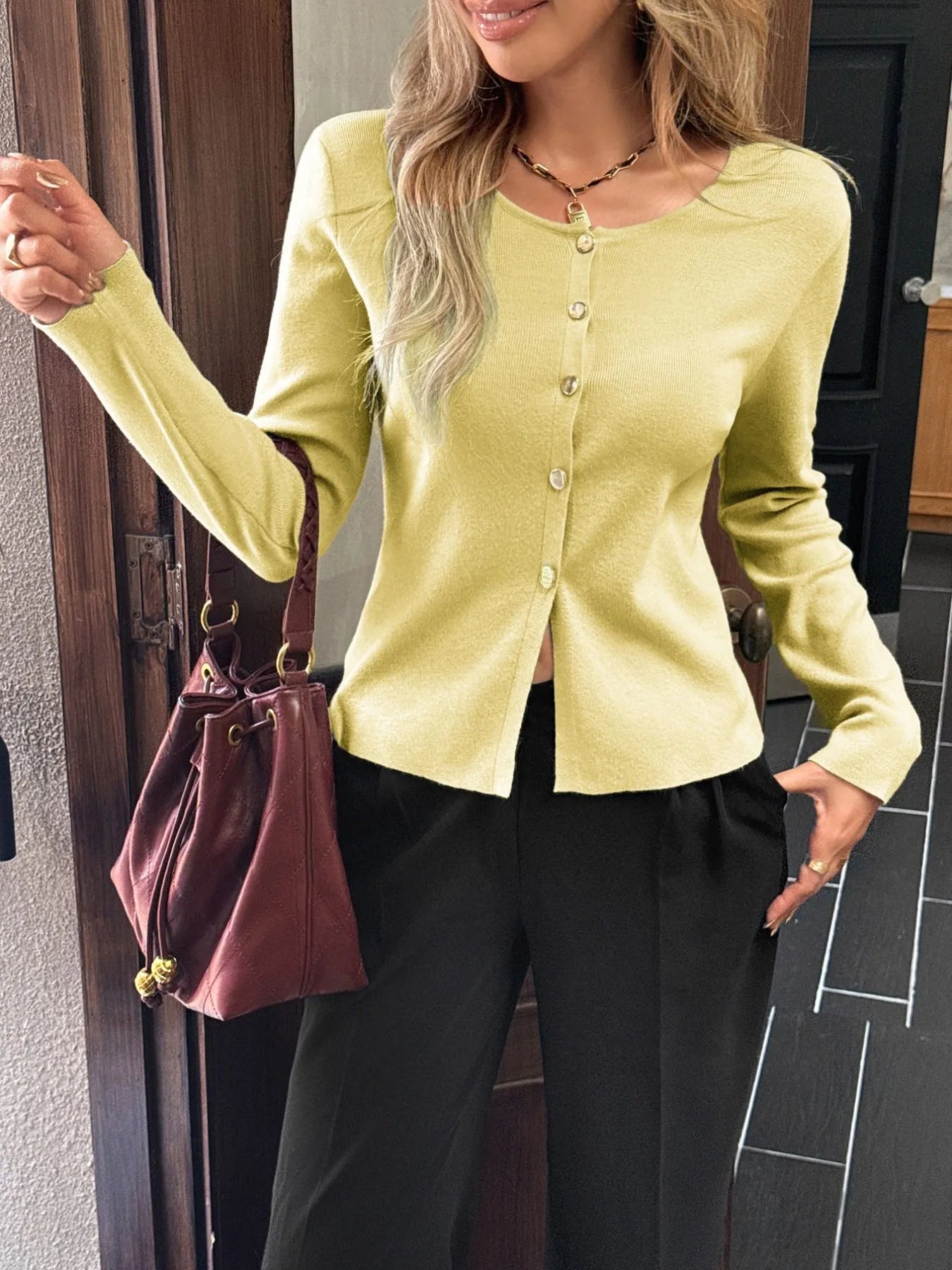 Button-Up Long Sleeve Knit Cardigan