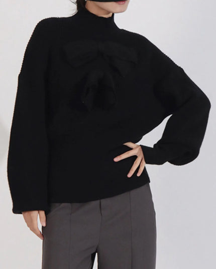 Bow Front Turtleneck Long Sleeve Sweater Black