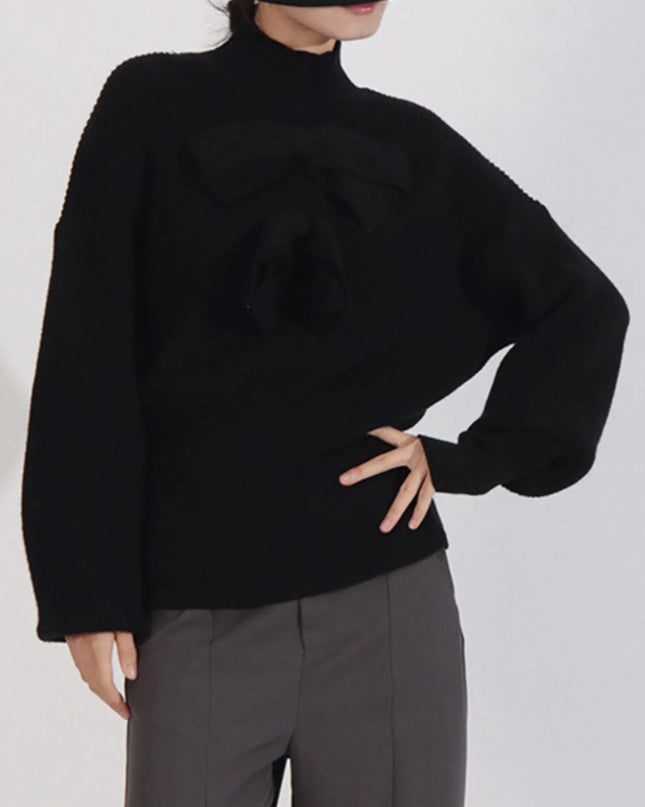 Bow Front Turtleneck Long Sleeve Sweater Black