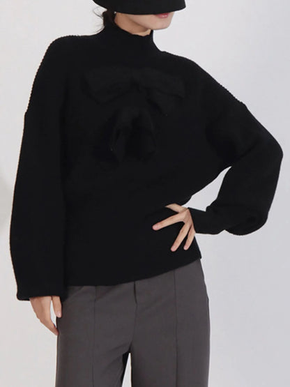 Bow Front Turtleneck Long Sleeve Sweater Black