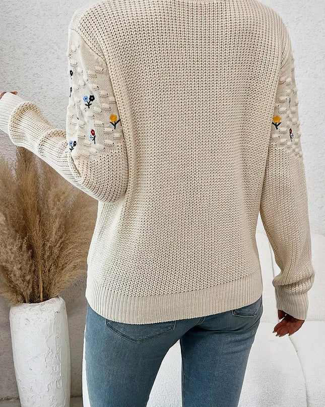 Floral Round Neck Dropped Shoulder Sweater