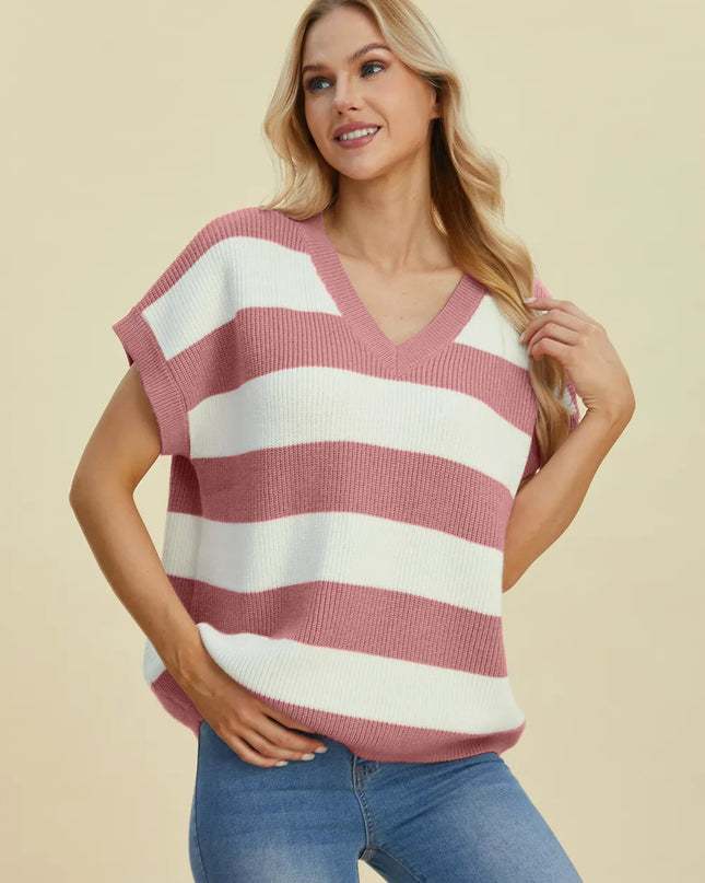 Double Take Full Size Striped V-Neck Short Sleeve Sweater Dusty Pink
