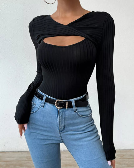 Twist Front Cutout Ribbed Long Sleeve T-Shirt