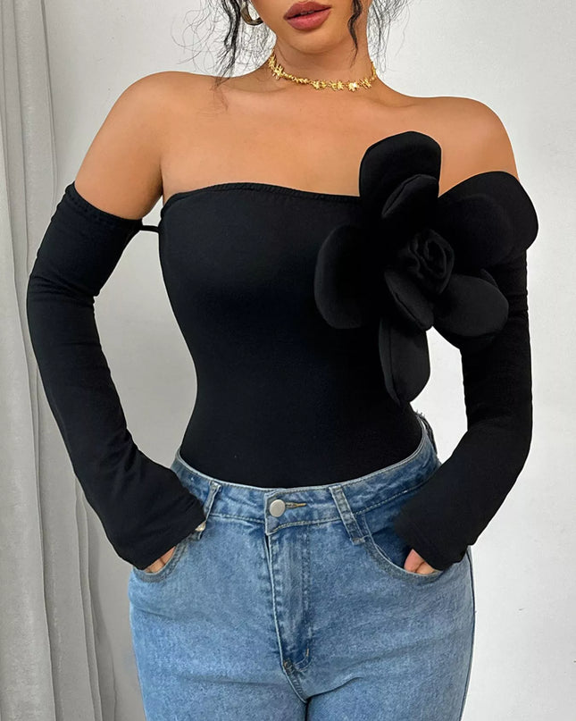 Flower Off-Shoulder Long Sleeve Bodysuit
