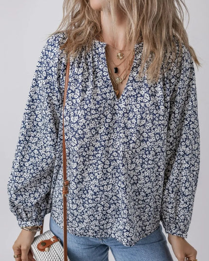Floral Print Notched Long Sleeve Blouse Dusty Blue