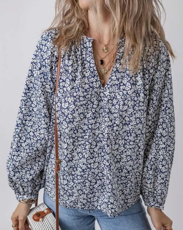 Floral Print Notched Long Sleeve Blouse Dusty Blue