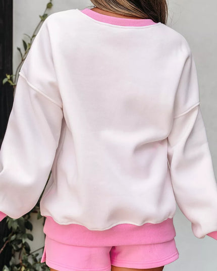 Color Block Sweatshirt and Elastic Waist Shorts Set