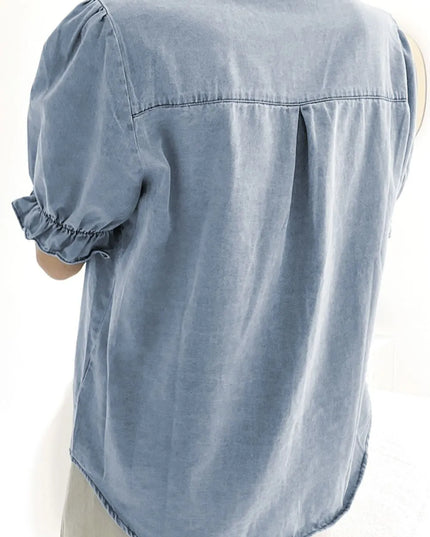 Ruffle Short Puff Sleeve Button Down Denim Shirt 