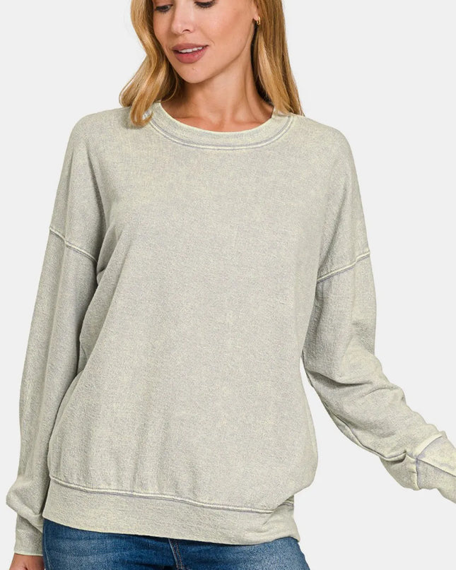 Zenana Washed Round Neck Dropped Shoulder Sweatshirt
