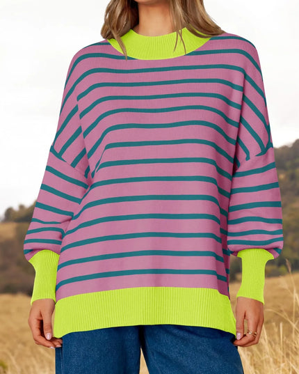 Striped Round Neck Long Sleeve Sweater Purple