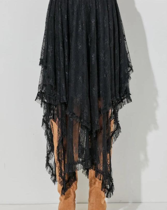 Elastic Waist Asymmetrical Lace Skirt Black