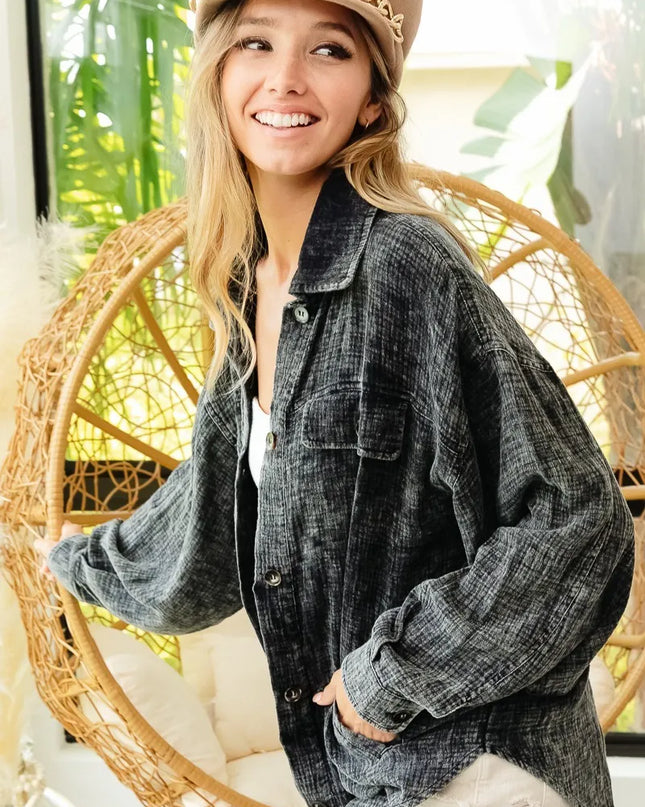 BiBi Vintage Washed Wrinkle Gauze Shacket
