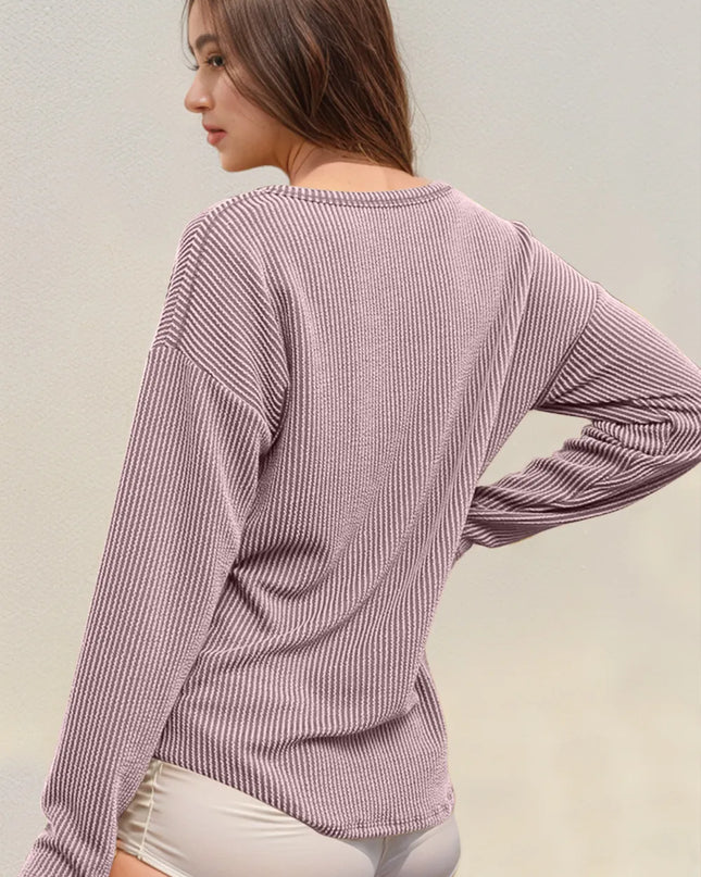 Double Take Striped Notched Long Sleeve T-Shirt Lilac