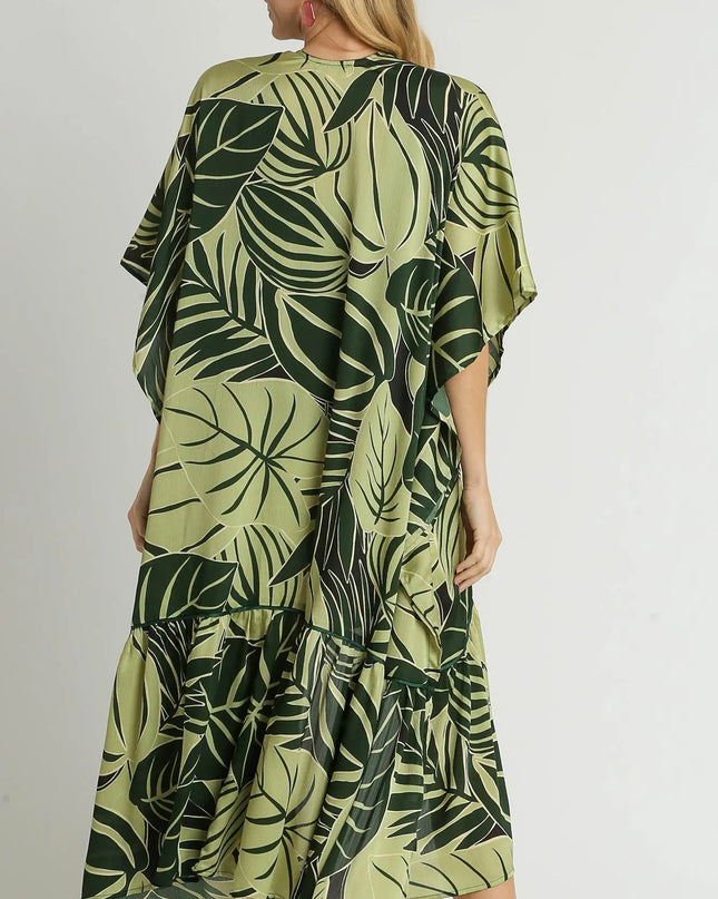 Umgee Satin Tropical Plant Print Open Front Kimono with Ruffle Details