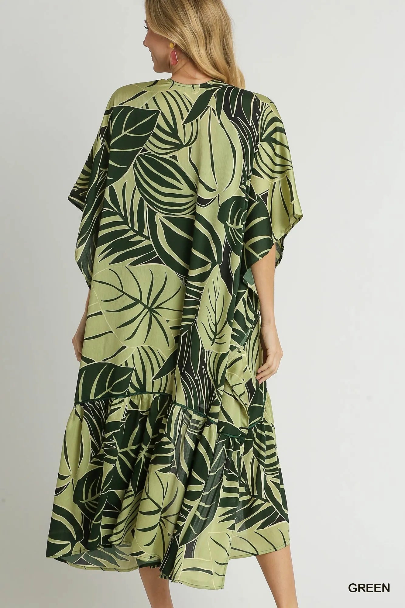 Umgee Satin Tropical Plant Print Open Front Kimono with Ruffle Details