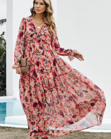 Floral Frill Trim Flounce Sleeve Plunge Maxi Dress