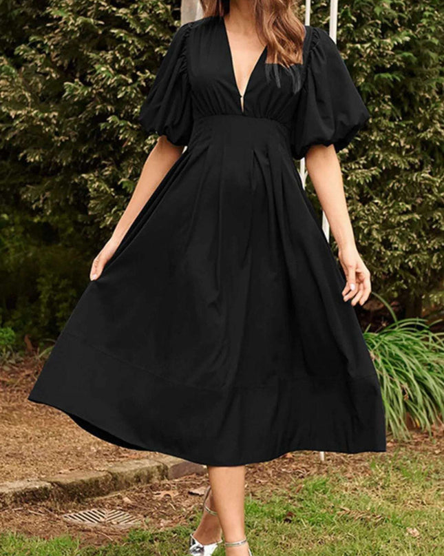 V-Neck Puff Sleeve Midi Dress