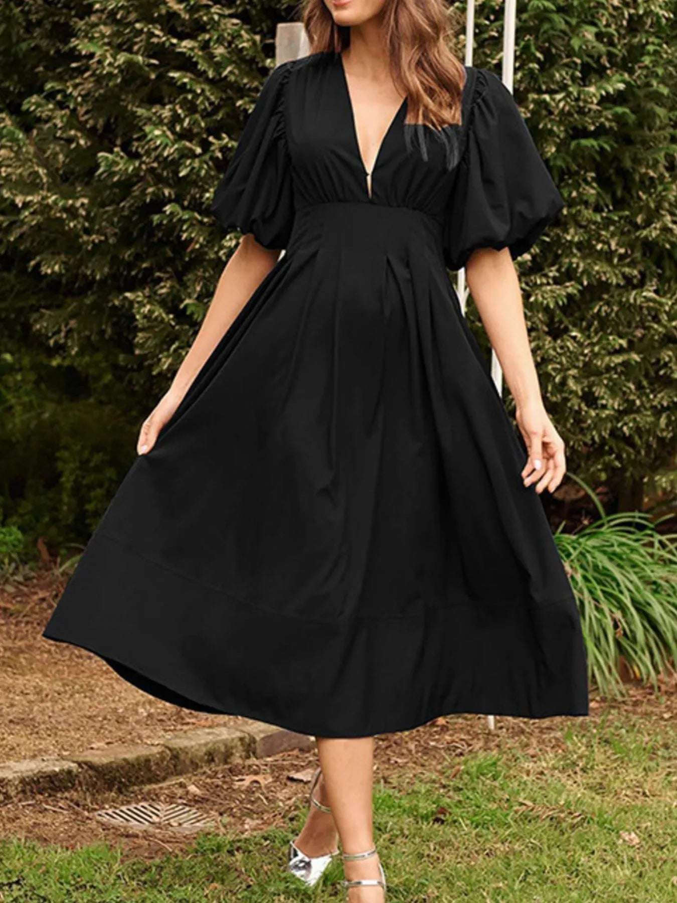 V-Neck Puff Sleeve Midi Dress