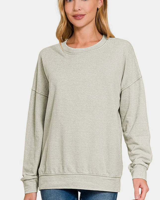 Zenana Washed Round Neck Dropped Shoulder Sweatshirt Lt Grey
