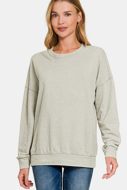 Zenana Washed Round Neck Dropped Shoulder Sweatshirt Lt Grey