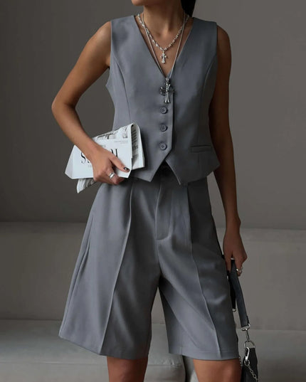 V-Neck Vest and Pants Two-Piece Blazer Set Gray