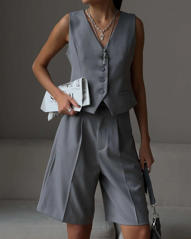 V-Neck Vest and Pants Two-Piece Blazer Set Gray