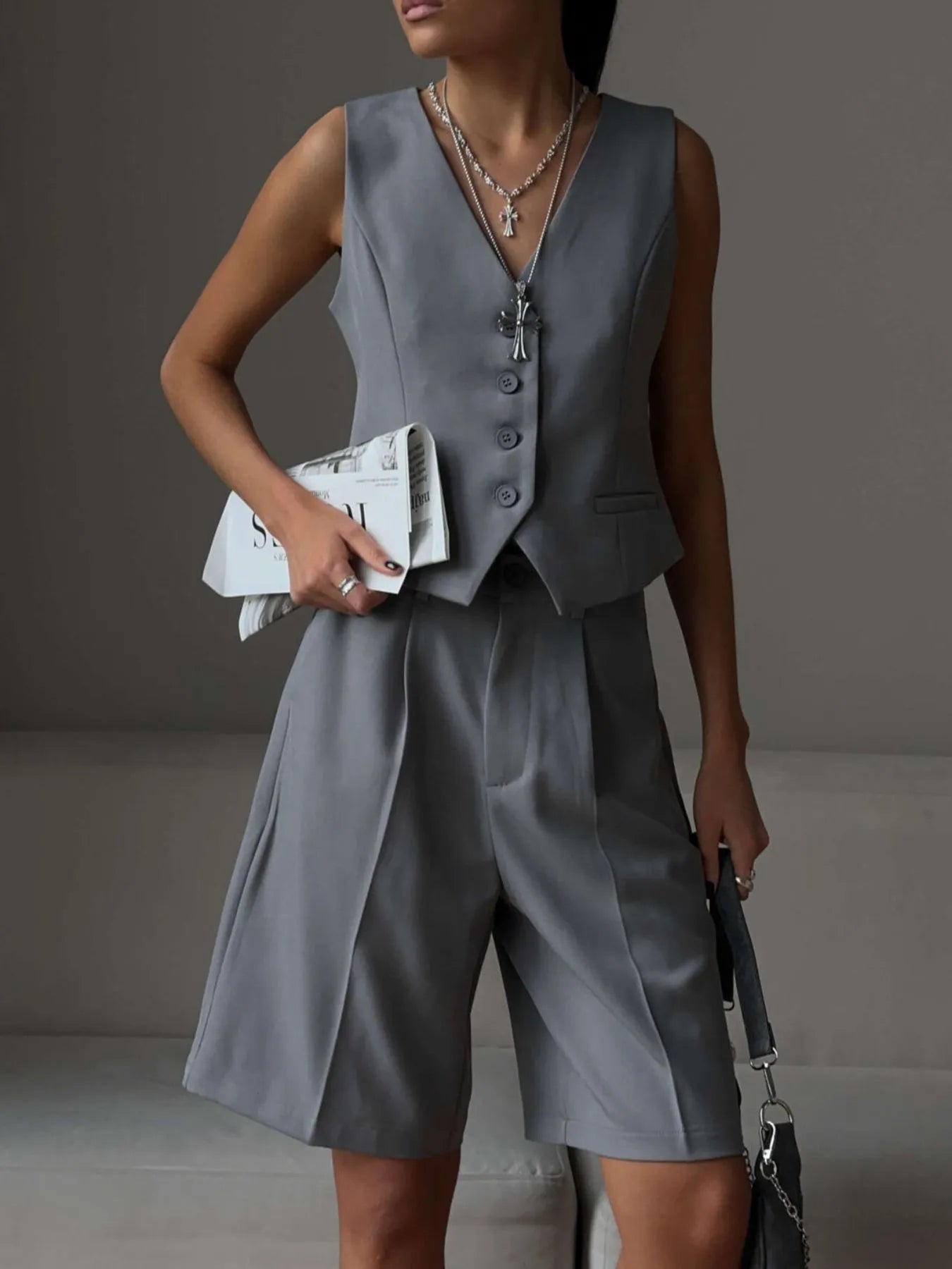 V-Neck Vest and Pants Two-Piece Blazer Set Gray