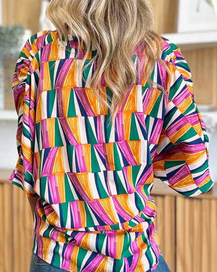 Double Take Full Size Geometric Notched Dolman Sleeve Top