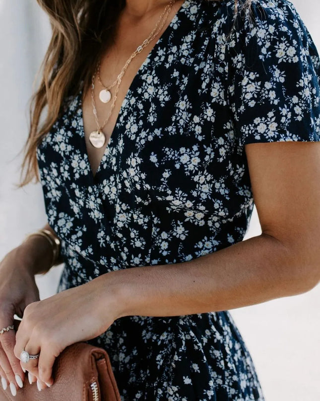 Floral Surplice Short Sleeve Dress