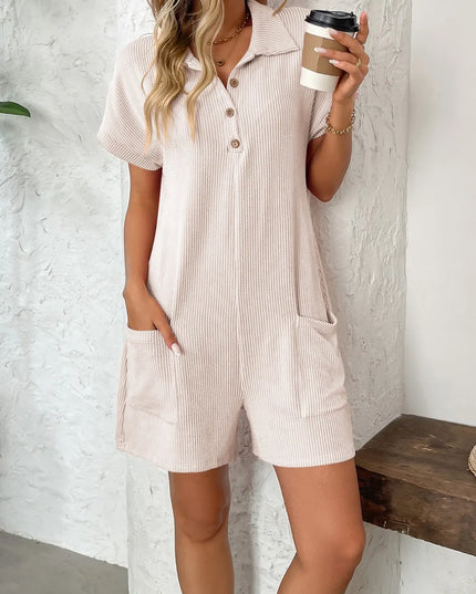 Button Detail Collared Neck Short Sleeve Romper