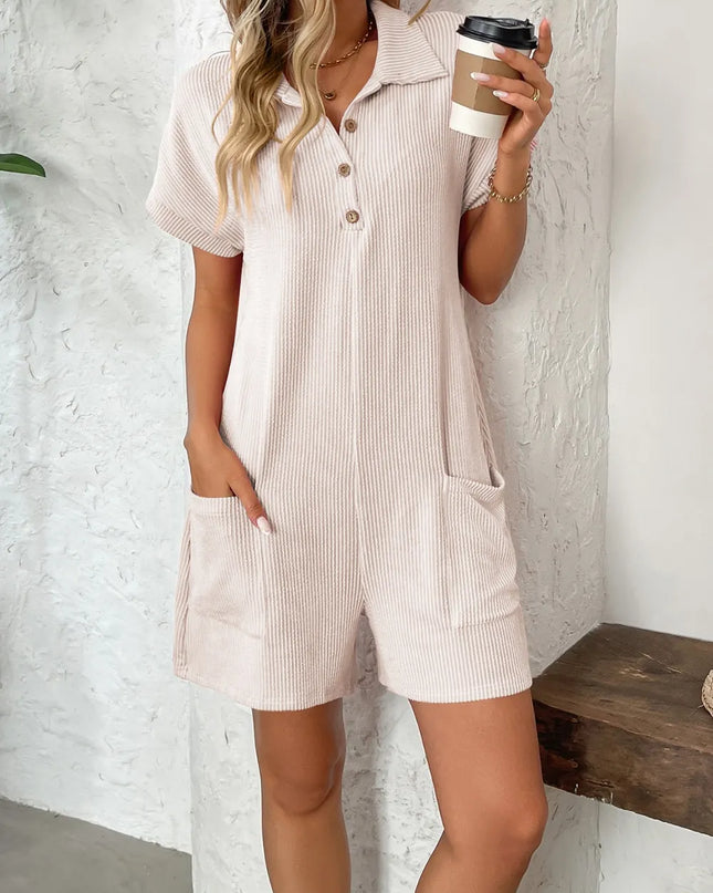 Button Detail Collared Neck Short Sleeve Romper