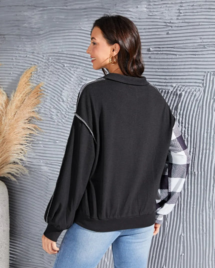 Plaid Exposed Seam Long Sleeve Blouse