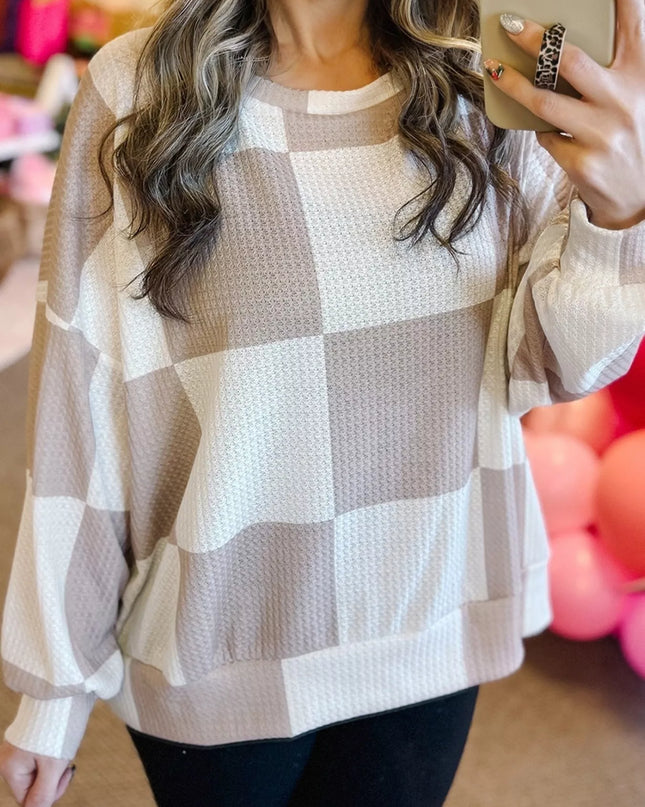 Checkered Breathable Textured Long Sleeve Top