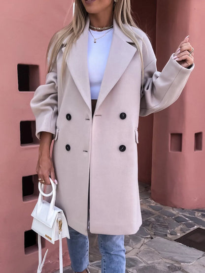 Full Size Double-Breasted Wool Coat Plus Size Apricot