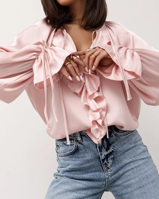 Ruffle Trim Satin Flounce Sleeve Blouse