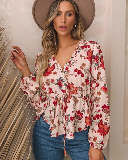 Floral V-Neck Drawstring Peplum Blouse Multicolor
