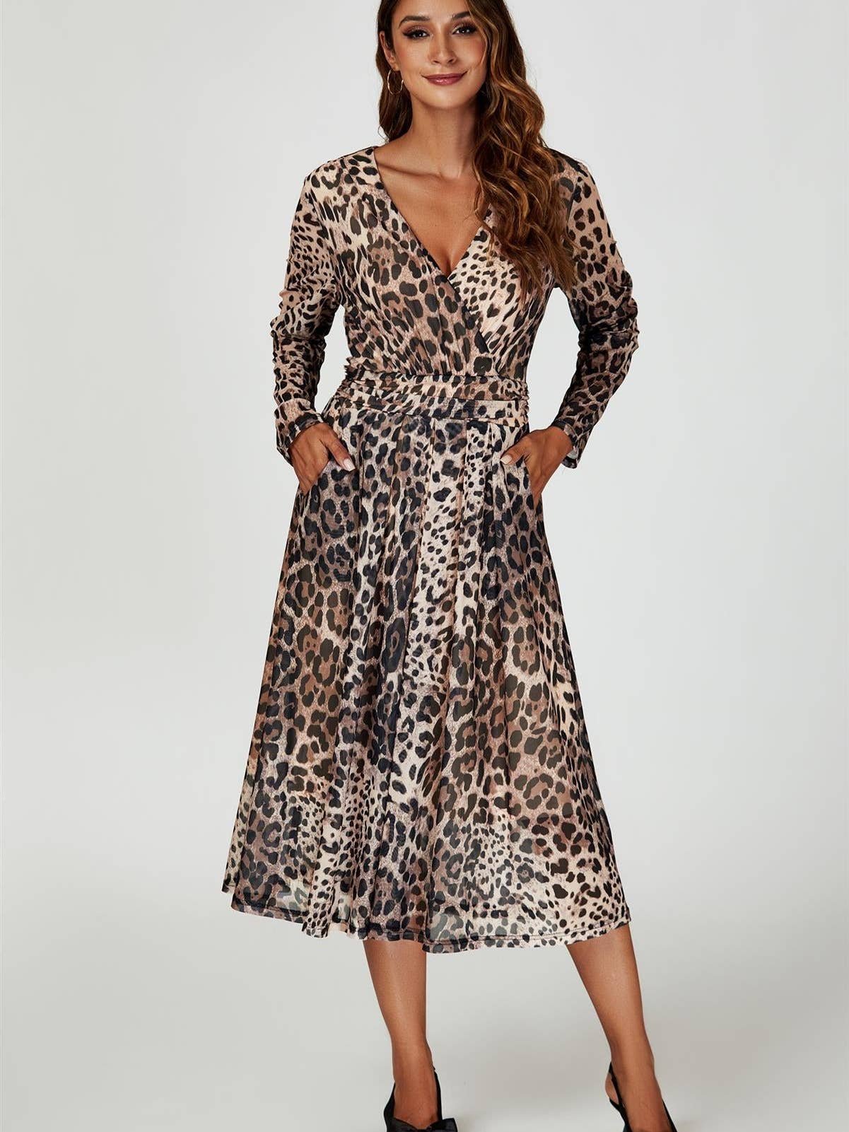 Leopard Print Mesh Midi Dress in Brown