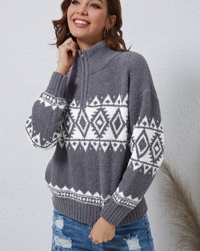Zip-Up Geometrical Pattern Pullover Sweater