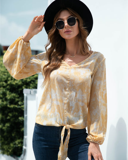 Tie-Dye Tied Balloon Sleeve Blouse Light Yellow