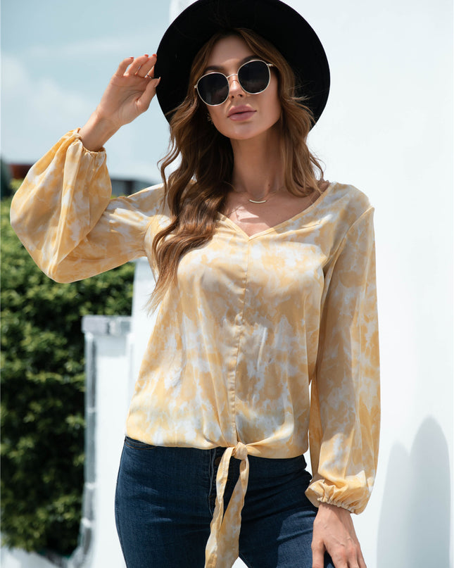 Tie-Dye Tied Balloon Sleeve Blouse Light Yellow