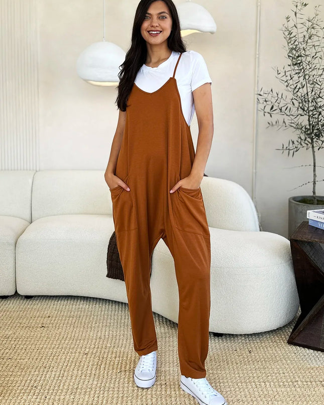 Double Take Full Size Sleeveless V-Neck Pocketed Jumpsuit Caramel