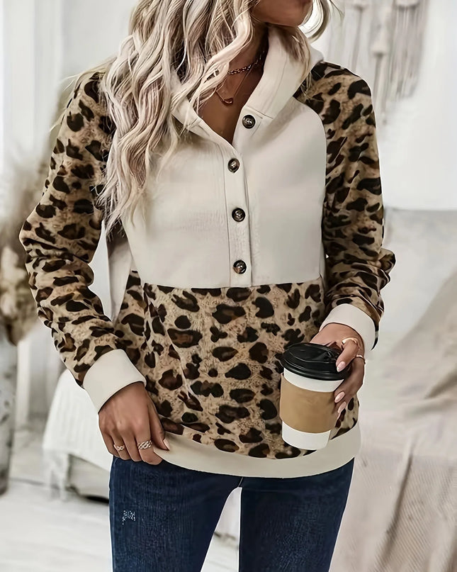 Leopard Print Button Detail Hoodie Apricot